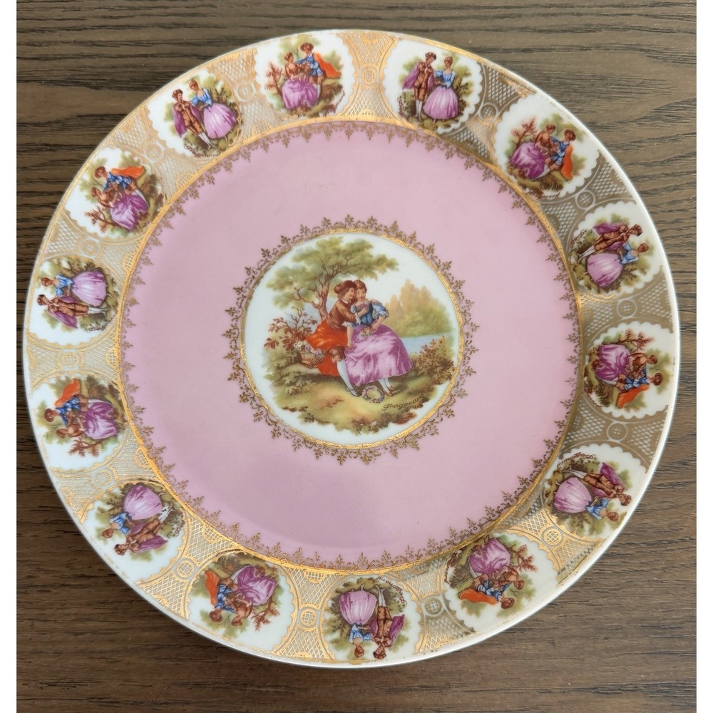 Vintage Bavaria Germany Fragonard Pink Gold Trim Decorative Porcelain Plate